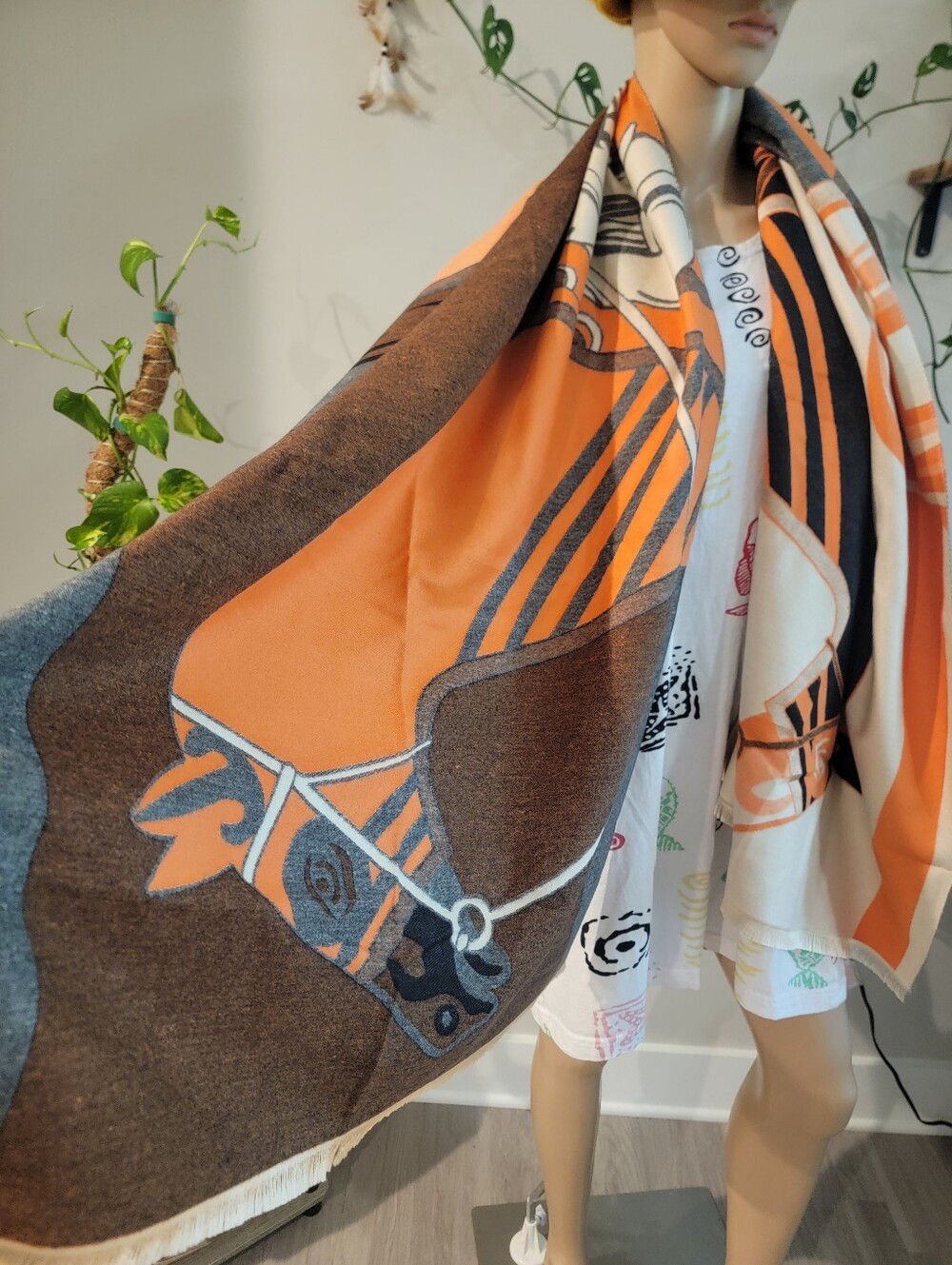 Elegant Equestrian Patterned Shawl Wrap Scarf Open Poncho Cape